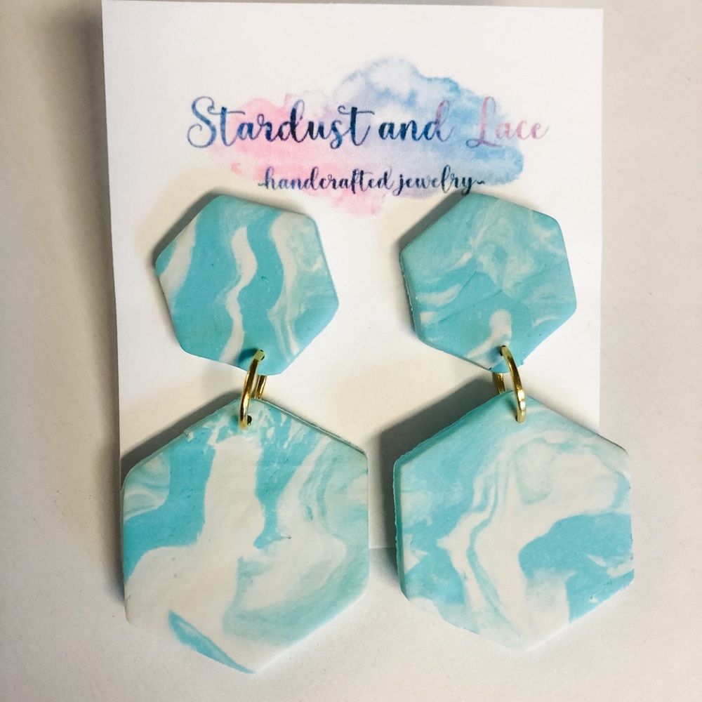 Hexagon Marbled Blue Clay Earrings